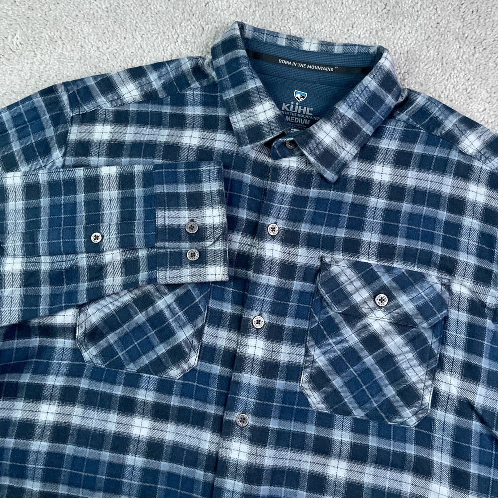 Kuhl Shirt Mens Medium Blue Plaid Dillingr Flannel Long Sleeve Hiking Outdoor